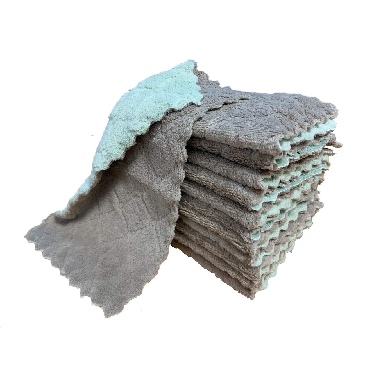 12 Pack Kitchen Cloth Dish Towels, Premium Dishcloths, Super Absorbent Coral Velvet Dishtowels, Nonstick Oil Washable Fast Drying (Green-Grey)